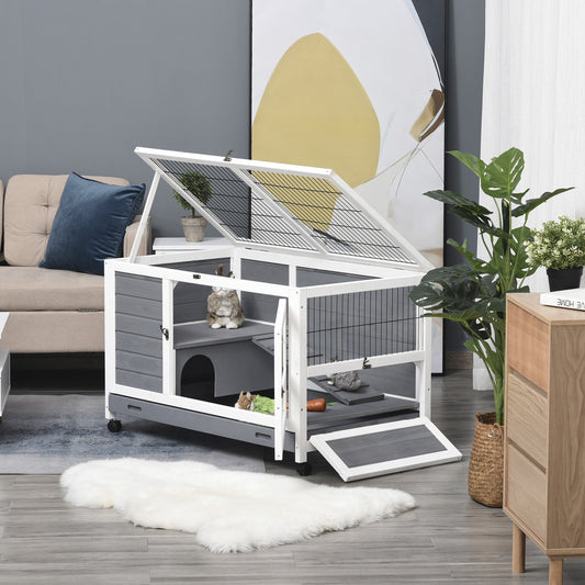 PawHut Wooden Rabbit Hutch Pet House Elevated Bunny Cage Small Animal Habitat with Slide-out Tray Lockable Door Openable Top Grey | Aosom Canada