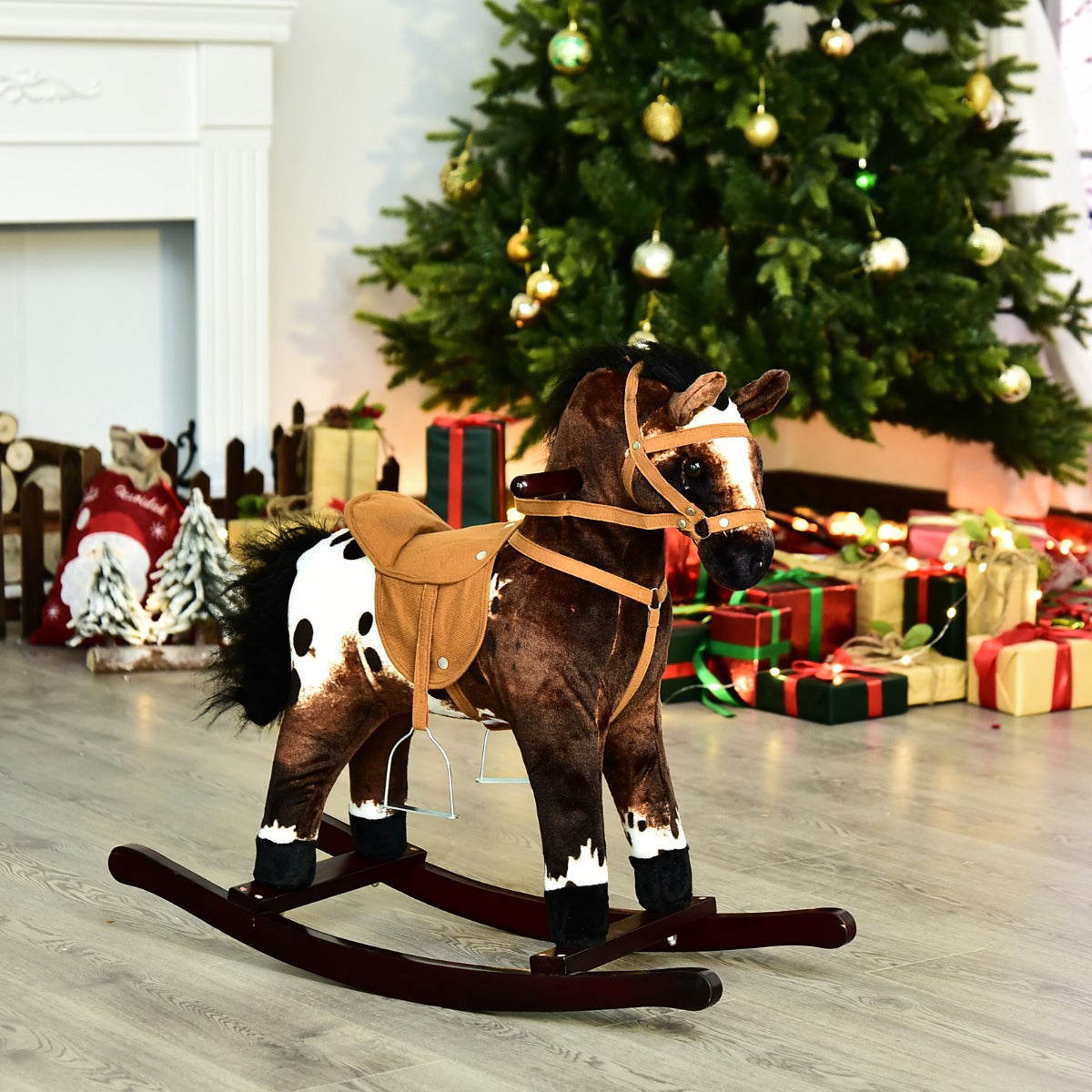 Qaba Children Kids Rocking Plush Horse Poney Toy Pony Wooden Ride Rocker Sound  Brown | Aosom Canada