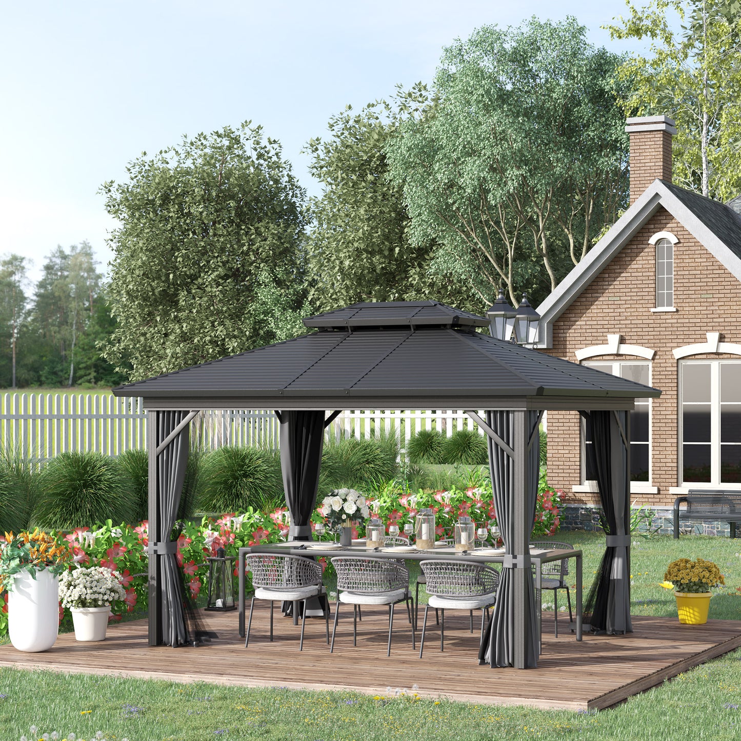 Outsunny 10' x 12' Steel Hardtop Gazebo Garden Sun Shelter with Mosquito Netting and Curtains Hanging Hook Aluminum Frame Black | Aosom Canada
