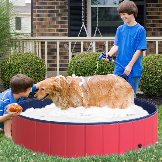 PawHut Folding PVC Dog Bath Pool Portable Pet Kiddie Swimming Pool, Outdoor/Indoor Puppy Bath Tub with Nonslip Bottom, Φ55.1", Red | Aosom Canada