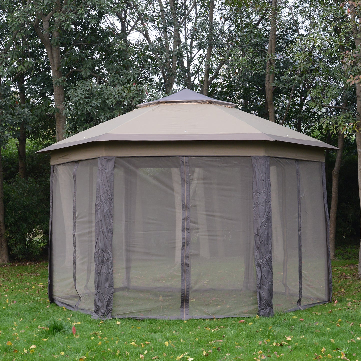 Outsunny 13' x 13' Pop Up Double Roof Hexagon Patio Gazebo Outdoor Instant Shelter Garden Shelter with Netting, Coffee and Beige | Aosom Canada