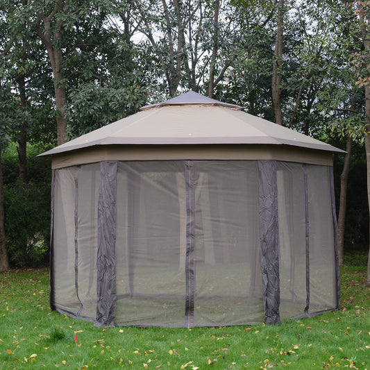 Outsunny 13' x 13' Pop Up Double Roof Hexagon Patio Gazebo Outdoor Instant Shelter Garden Shelter with Netting, Coffee and Beige | Aosom Canada