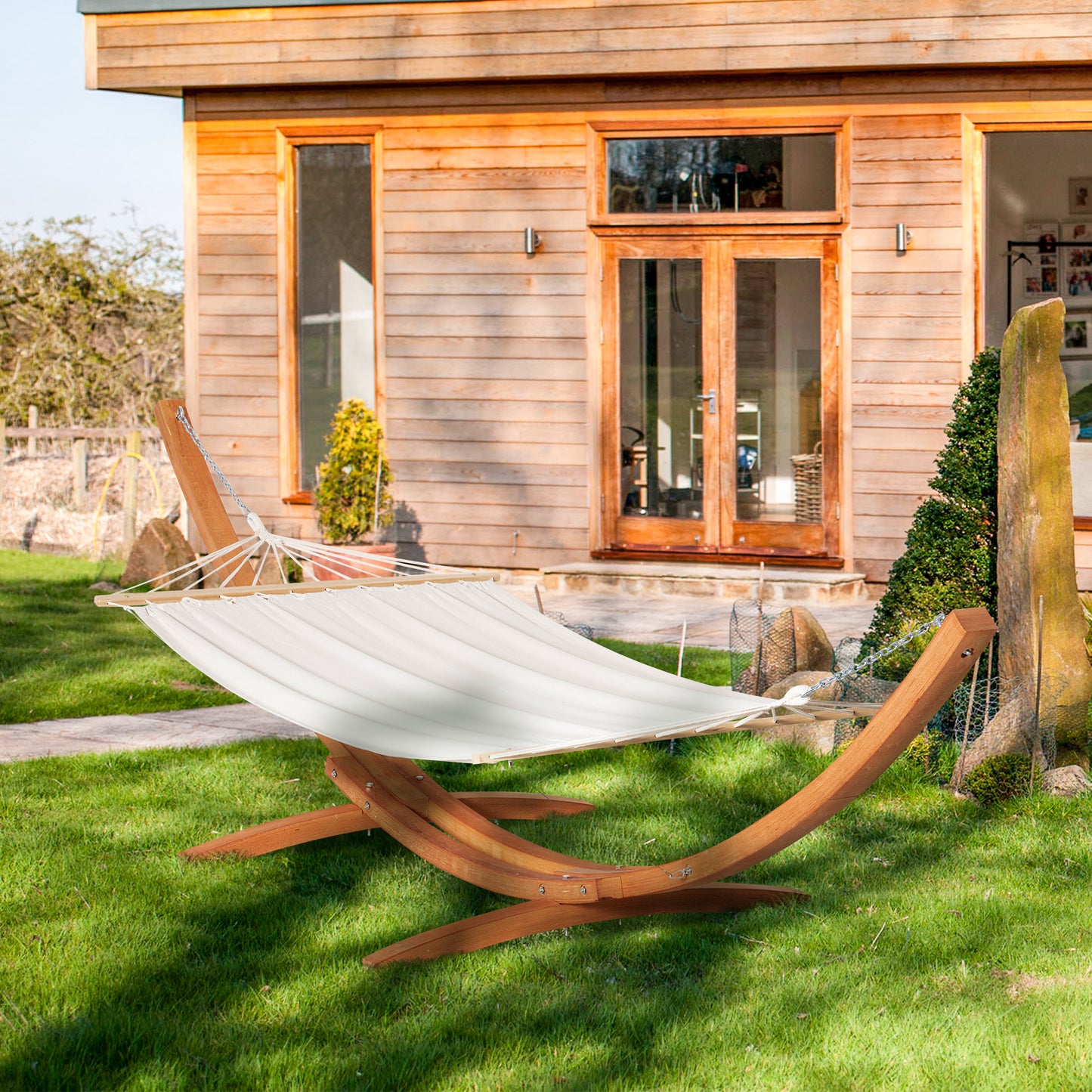 Outsunny Camping Hammock Outdoor Arch Wooden Hammock Bed with Stand w/ Straps and Hooks, White | Aosom Canada