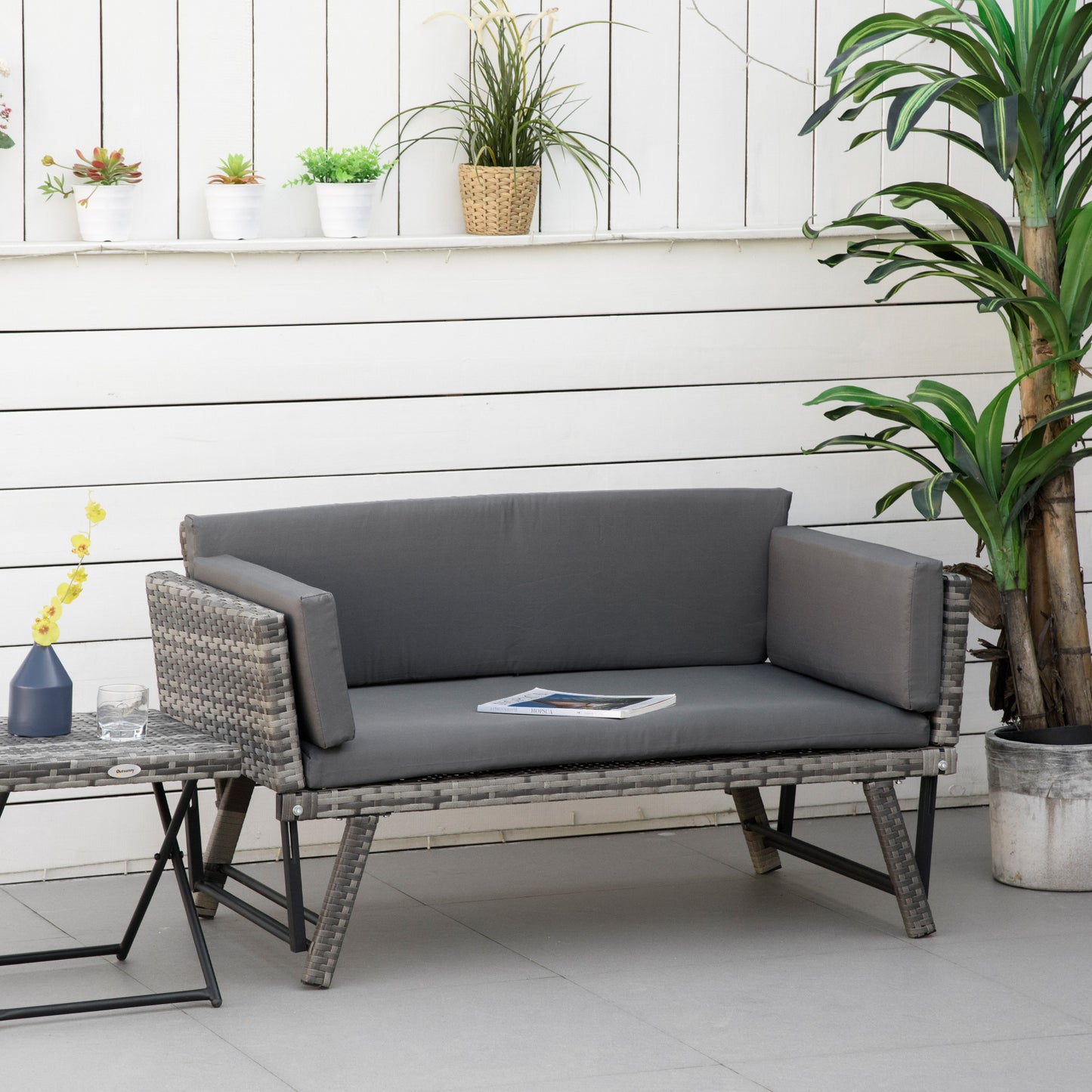 Outsunny Convertible Rattan Sofa Bed Chaise Lounge Wicker Loveseat Armchair Double Seat with Cushion All Weather Patio Furniture Grey | Aosom Canada