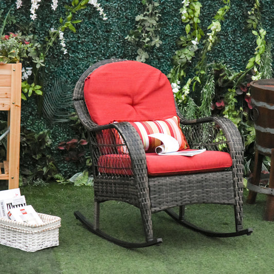 Outsunny PE Rattan Rocking Chair Garden Furniture Patio Relaxer Outdoor Wicker Conservatory w/ Cushion Red | Aosom Canada