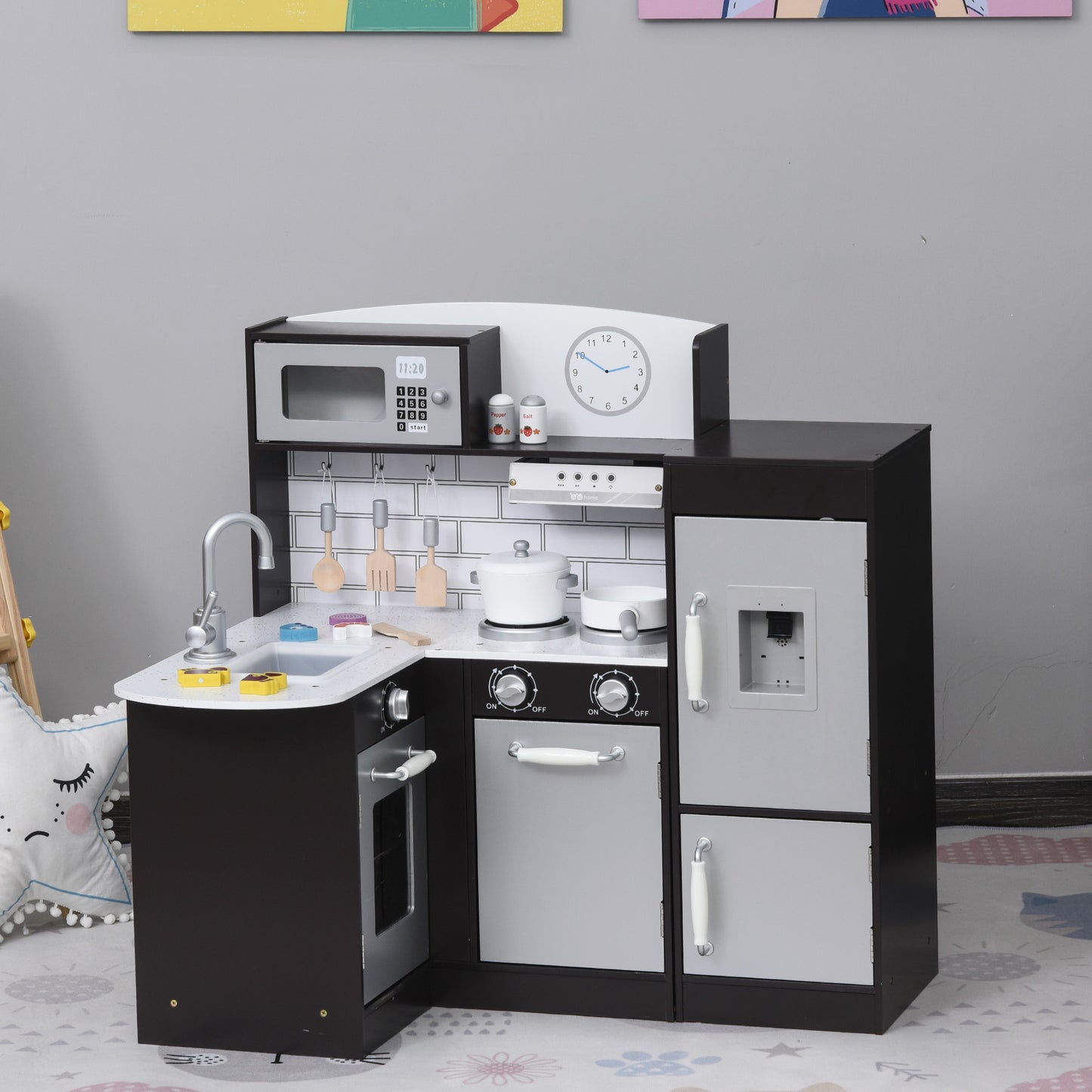 Qaba Black Kids Kitchen Play Cooking Toy Set for Children with Drinking Fountain, Microwave, and Fridge with Accessories Black | Aosom Canada