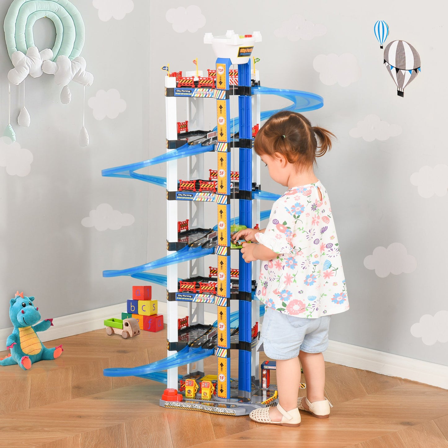 Qaba 7-Level Car Parking Garage Toy Toddler Car Games w/ Electric Elevator Wash, Gas, Ejector & Car Repair Station for 3-6 Years Old | Aosom Canada