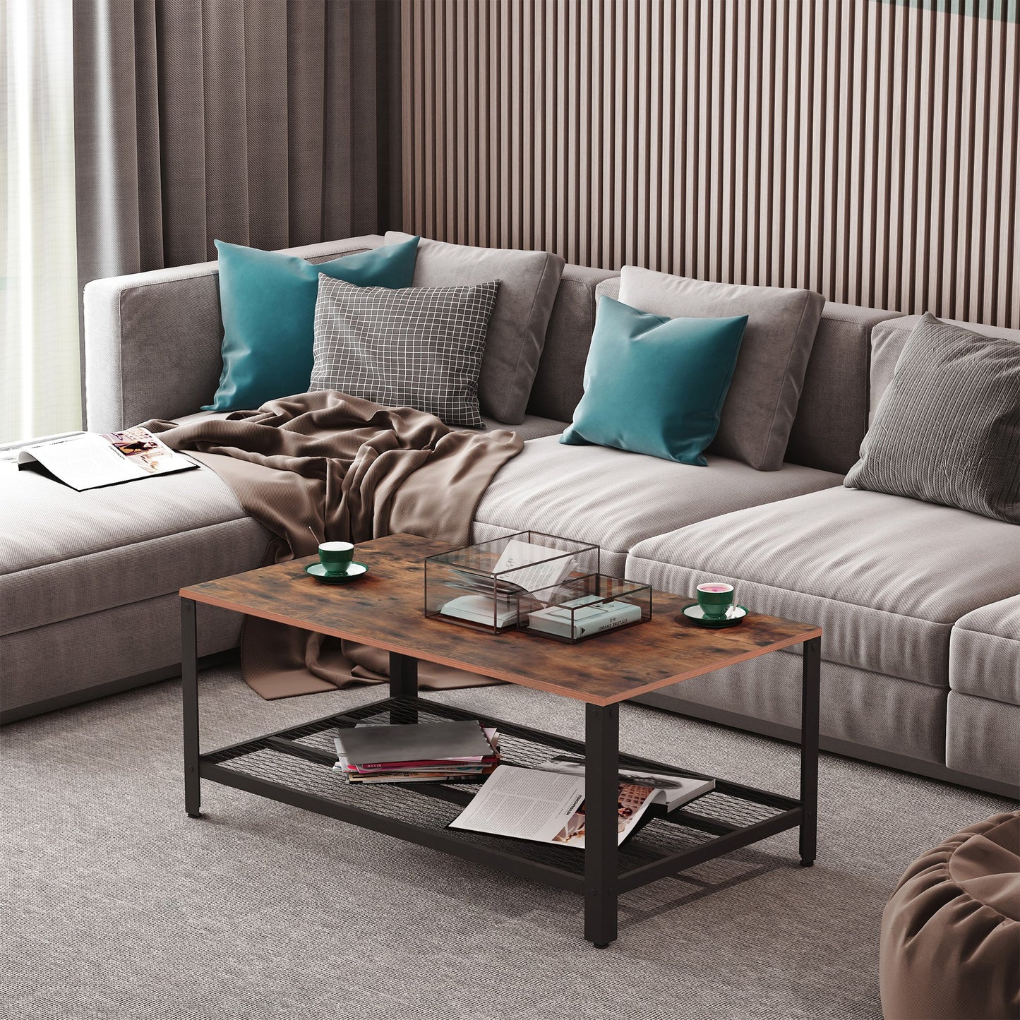 HOMCOM 2 Tier Rectangular Coffee Table Retro Industrial Style Wood Side Table w/ Storage Organizer Living Room | Aosom Canada