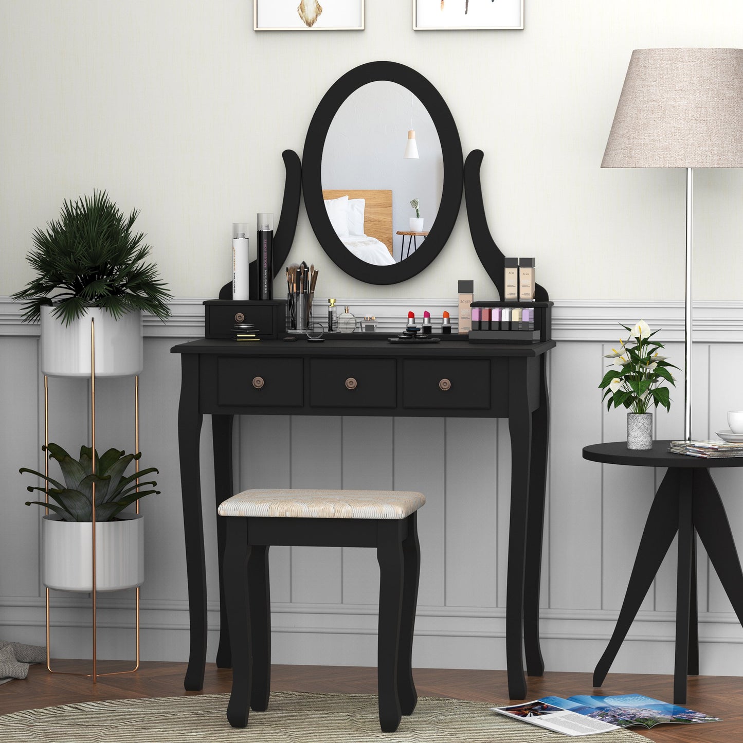 HOMCOM 831-098BK Vanity Dressing Table Set Makeup Desk Wooden Contemporary w/ Mirror and Stool and 5 Drawers Black | Aosom Canada