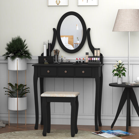 HOMCOM 831-098BK Vanity Dressing Table Set Makeup Desk Wooden Contemporary w/ Mirror and Stool and 5 Drawers Black | Aosom Canada