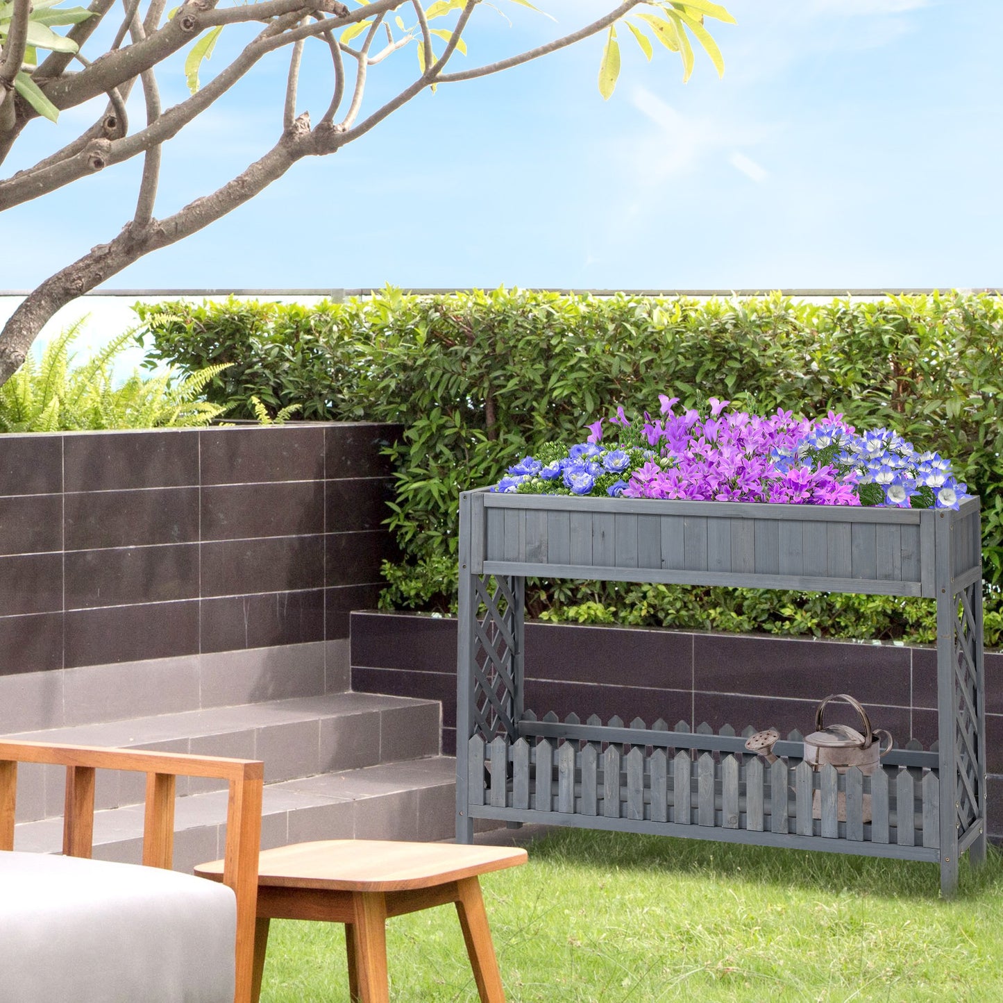 Outsunny Wooden Raised Garden Bed Free Standing Elevated Planter Box with Storage Shelf, 47" x 12" x 36", Grey | Aosom Canada