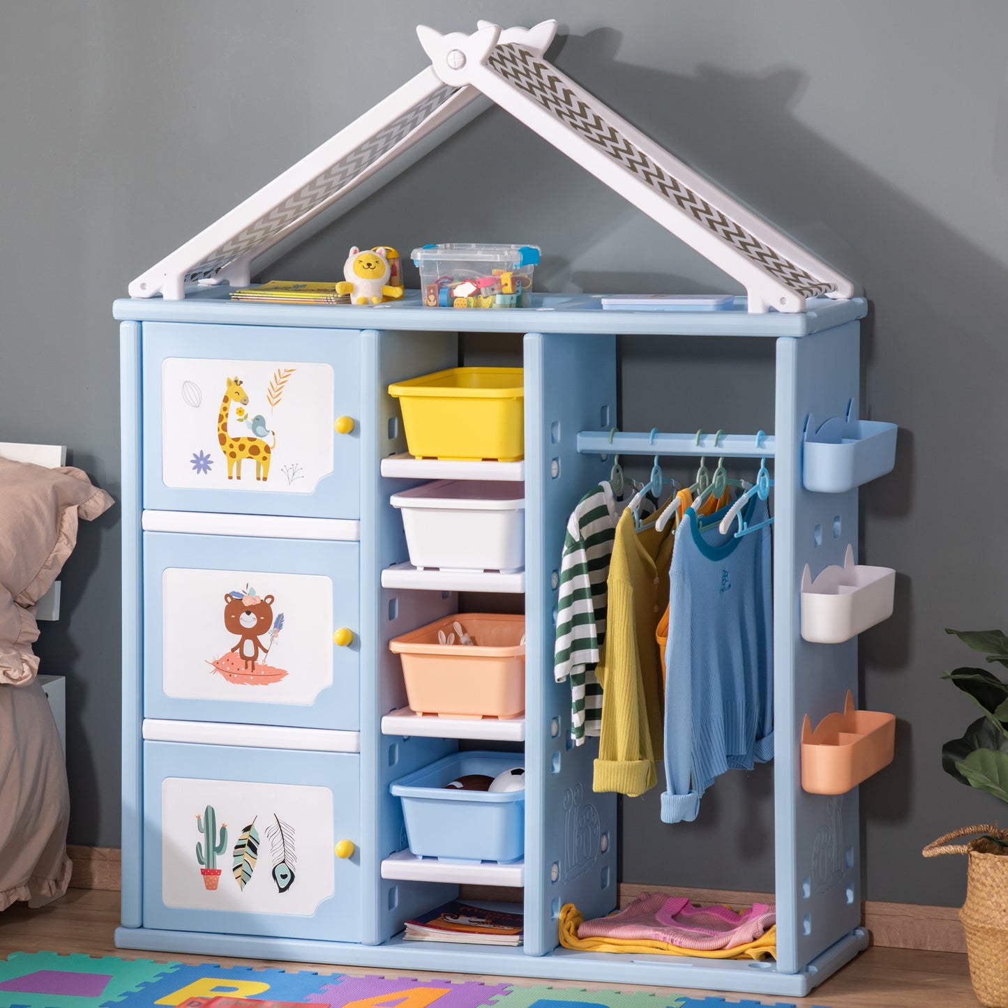 Qaba Kids toy Organizer and Storage Book Shelf with shelf, storage cabinet, hanger, storage box, and storage basket, Blue | Aosom Canada