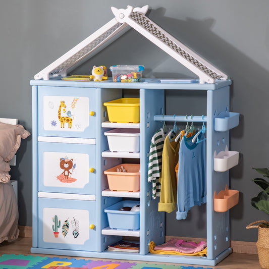 Qaba Kids toy Organizer and Storage Book Shelf with shelf, storage cabinet, hanger, storage box, and storage basket, Blue | Aosom Canada