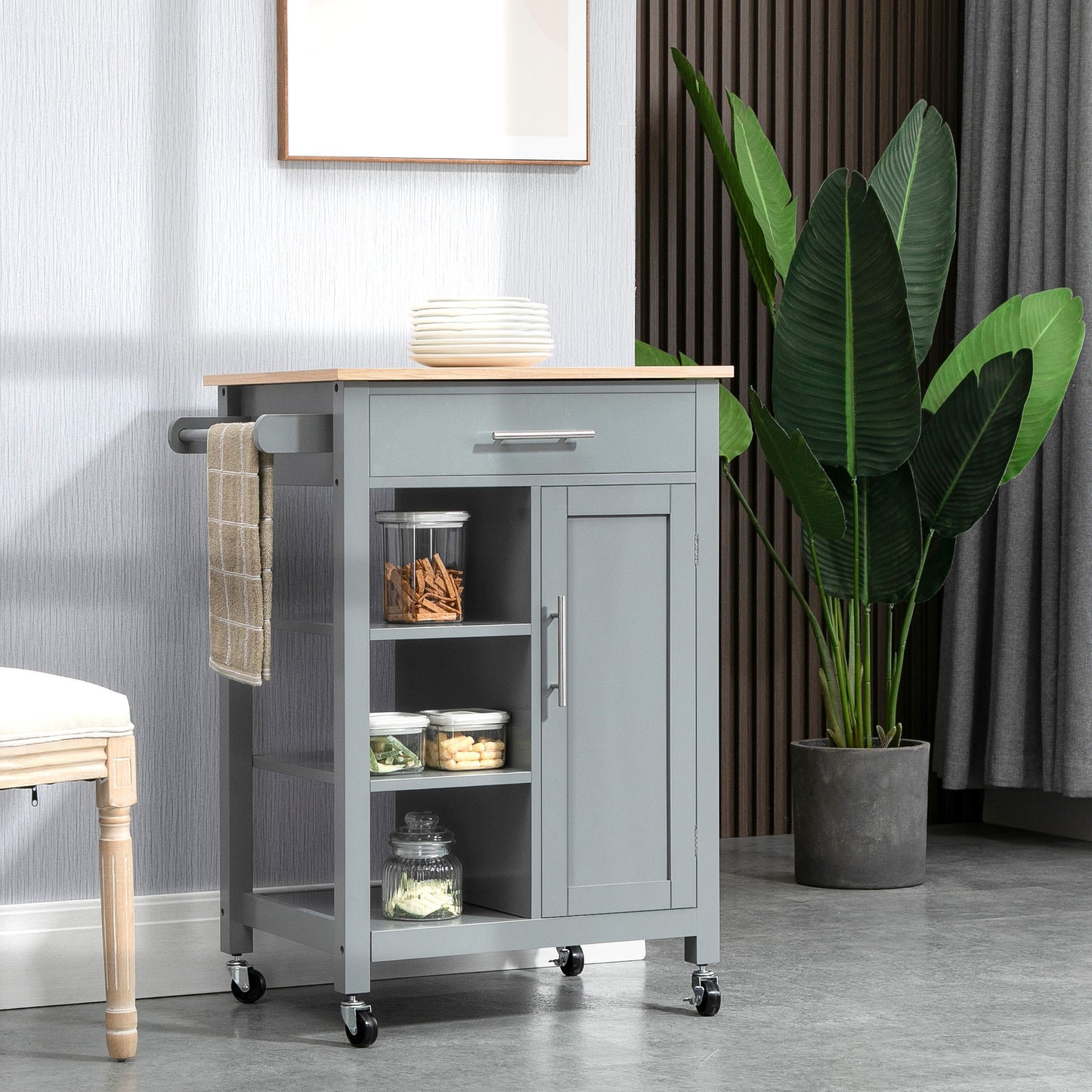 HOMCOM Compact Kitchen Trolley Utility Cart on Wheels with Open Shelf & Storage Drawer for Dining Room, Kitchen, Grey | Aosom Canada