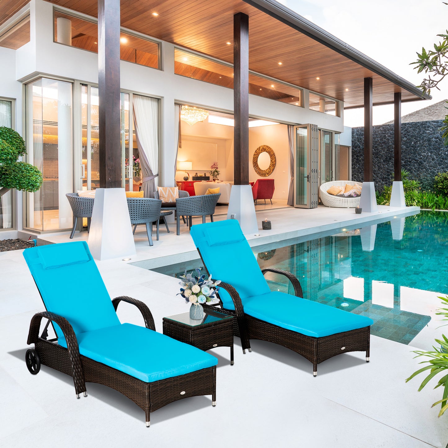 Outsunny 3pcs Wheeled Patio Rattan Chaise Lounge Set Reclining Lounger Adjustable Portable with Side Table Brown Blue | Aosom Canada