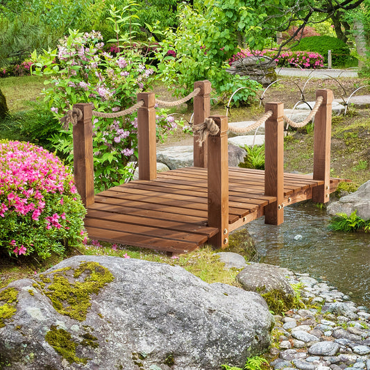 Outsunny 5FT Wooden Garden Bridge Outdoor Decorative Arc Footbridge with Hemp Rope Railings & Solid Fir Construction, Orange | Aosom Canada