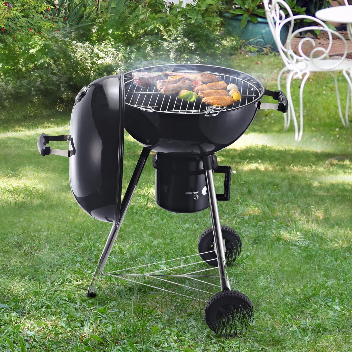 Outsunny Freestanding BBQ Charcoal Grill Kamado Grill Portable Cooking Smoker Outdoor Camp Picnic Cooker w/ Wheels and Storage Shelves | Aosom Canada