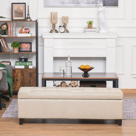 HOMCOM Large 51” Rectangular Storage Ottoman Bench Tufted Upholstered Linen Fabric Wood Feet Entry Bench, Contemporary Home Decor White | Aosom Canada