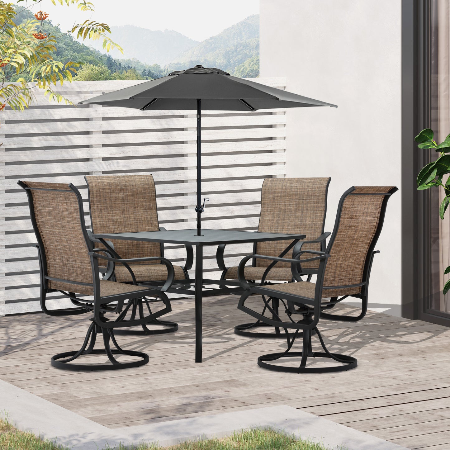 Outsunny 5-Piece Outdoor Patio Dining Set, 4 Swivel Rocker Chairs and 37" x 37" Dining Table Furniture Set with Umbrella Hole, Black | Aosom Canada