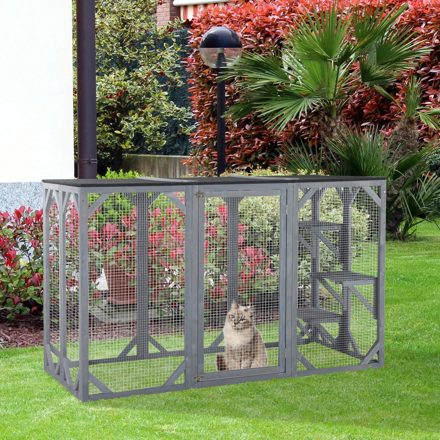 PawHut 71" x 31.5" x 44" Cat Cage Indoor Outdoor Wooden Enclosure Pet House Small Animal Hutch with Waterproof Roof, Grey | Aosom Canada