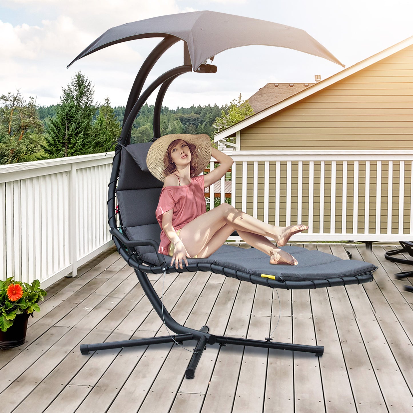 Outsunny Floating Chaise Lounge Outdoor Porch Swing Chair Hanging Hammock Reclining Seat  w/ Arc Stand & Canopy Umbrella Charcoal Grey | Aosom Canada