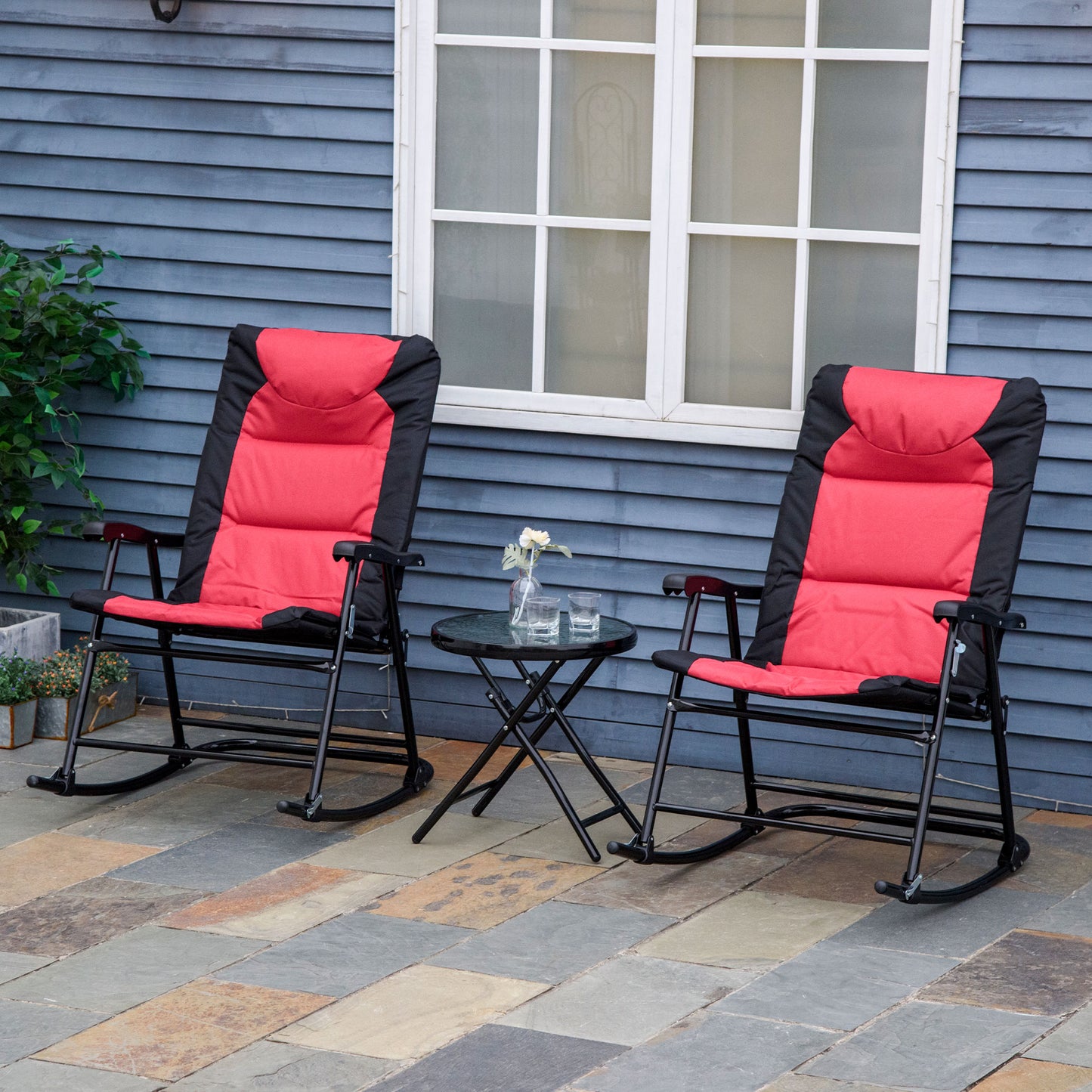 Outsunny 3pc Outdoor Folding Rocking Chair and Table Set Camping Yard Lounger Seat Patio Bistro Set w/ Padded Seat Red | Aosom Canada