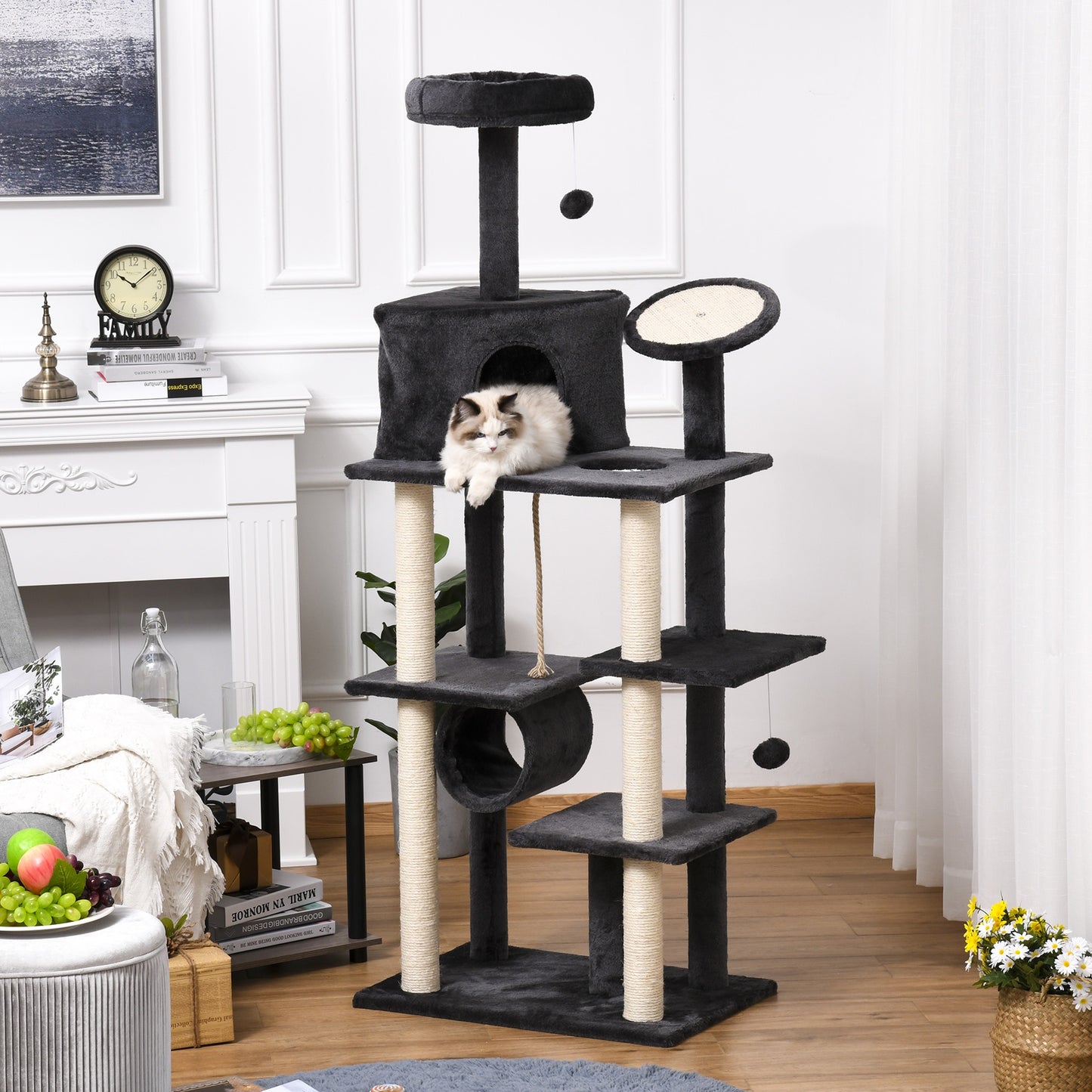 PawHut Cat tree Tower Climbing Kitten Activity Center Furniture w/ Jute Scratching Post Condo Perch Hanging Balls Tunnel Teasing Rope | Aosom Canada