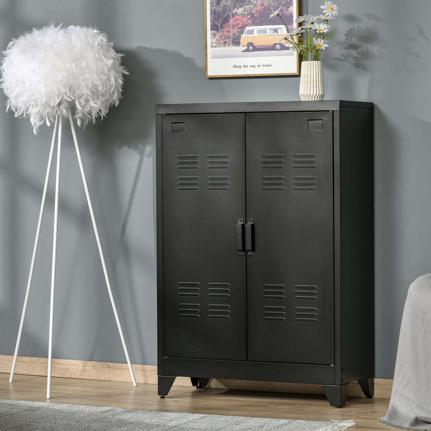 HOMCOM 2-Tier Steel Storage Cabinet with 2 Louvered Doors for Office, Garage, Warehouse, Black | Aosom Canada