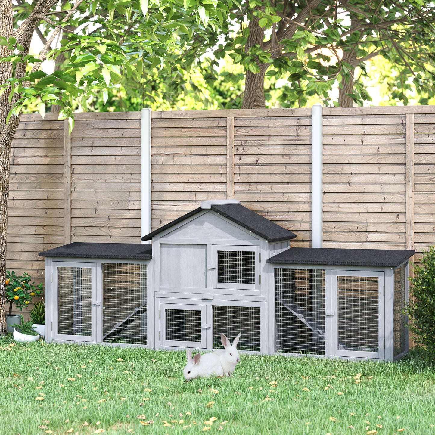 PawHut Large Rabbit Hutch Wood Bunny Cage Outdoor Guinea Pig House with Double Runs Slide Out Tray Ramps, 83"x18"x33", Grey | Aosom Canada