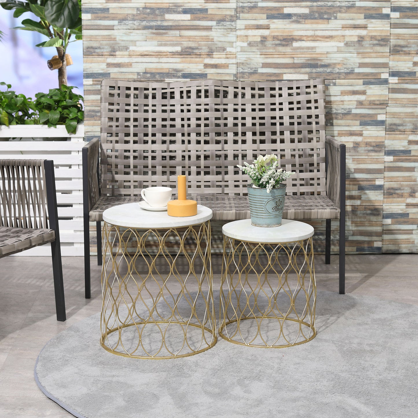 Outsunny Set of 2 Patio Round Nesting Coffee Table Set, Outdoor Stacking End Side Table with Metal Frame, Gold | Aosom Canada