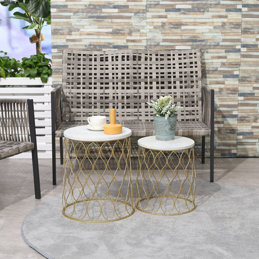 Outsunny Set of 2 Patio Round Nesting Coffee Table Set, Outdoor Stacking End Side Table with Metal Frame, Gold | Aosom Canada