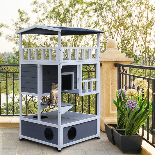 PawHut 4-Floor Solid Wood Cat House with Condo, Fun Entrances, Perch for Outdoor Indoor, Grey | Aosom Canada