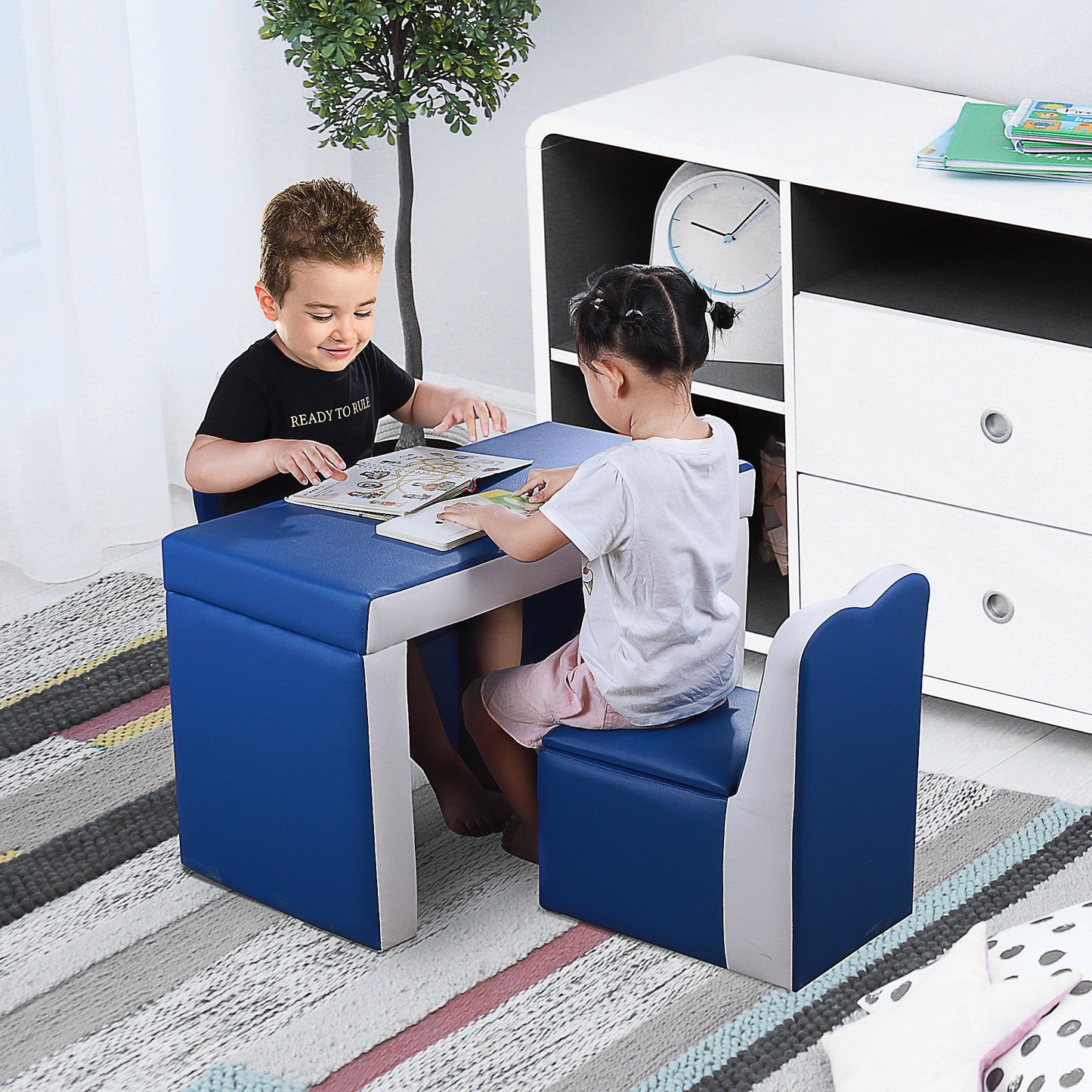 Qaba Kids Sofa 2-in-1 Multi-Functional Table Chair Set 2 Seat Couch Storage Box Soft Sturdy Blue | Aosom Canada