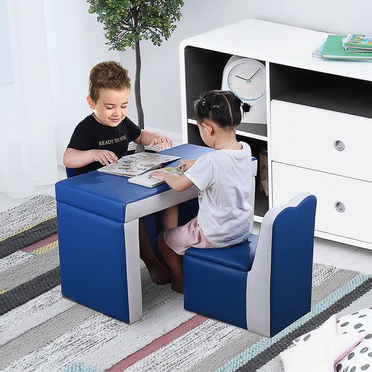 Qaba Kids Sofa 2-in-1 Multi-Functional Table Chair Set 2 Seat Couch Storage Box Soft Sturdy Blue | Aosom Canada