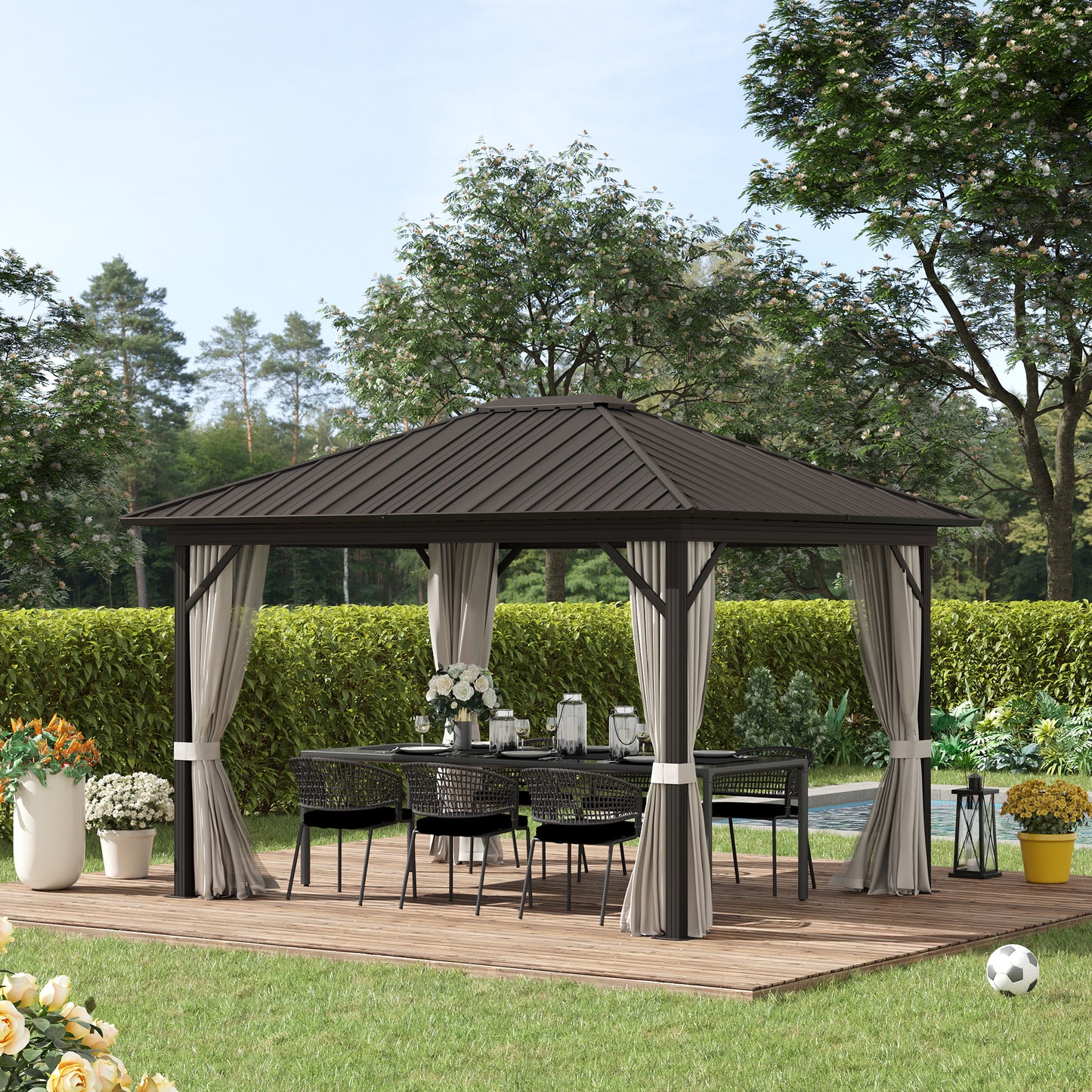 Outsunny 10' x 12' Outdoor Hardtop Gazebo Metal Roof Patio Gazebo with Aluminum Frame, Mesh Nettings, Beige | Aosom Canada