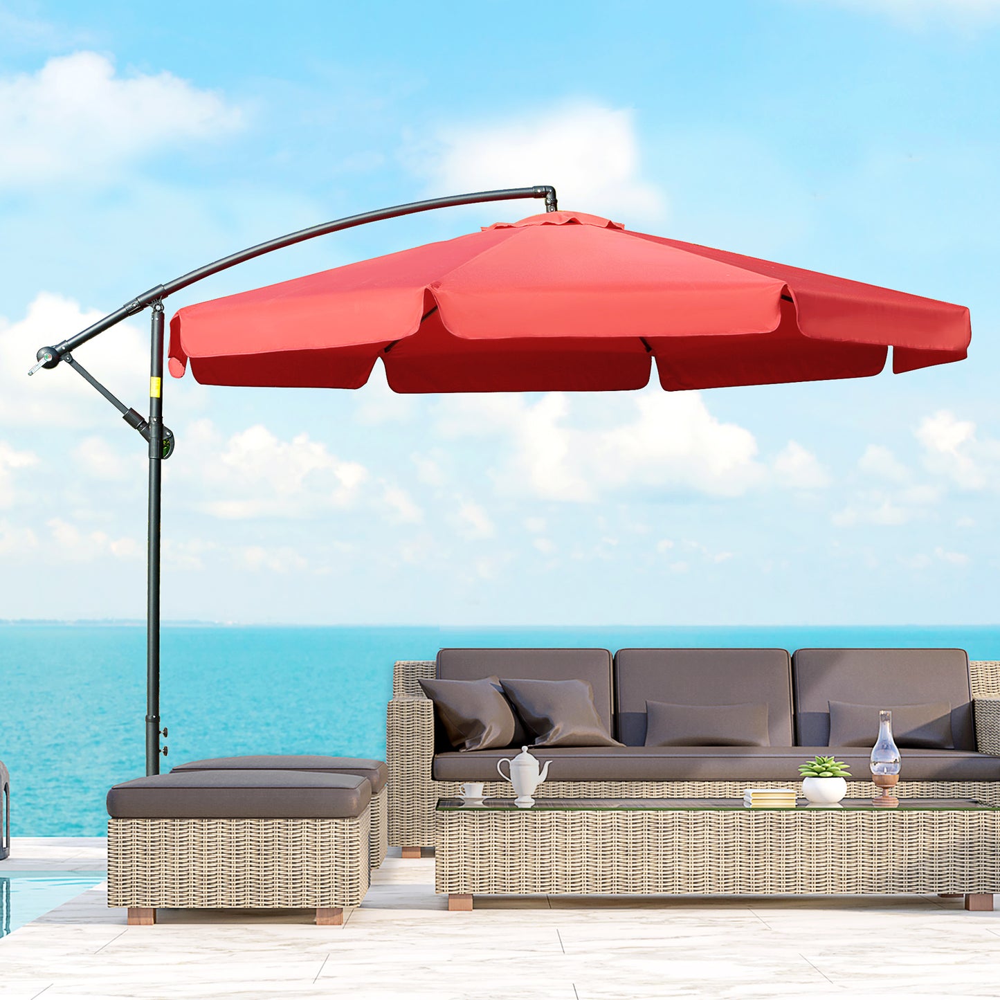 Outsunny 11FT Offset Hanging Patio Umbrella Cantilever Umbrella with Easy Tilt Adjustment, Cross Base and 8 Ribs, Red | Aosom Canada