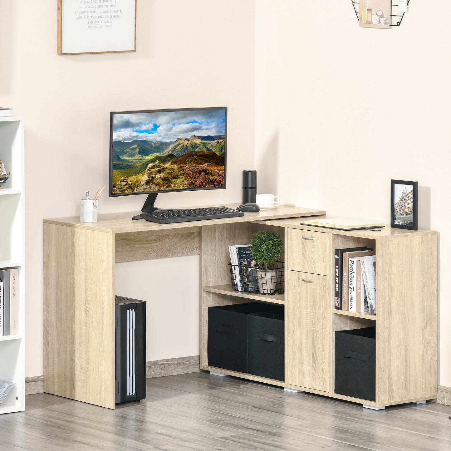 HOMCOM Convertable L-shape Computer Desk Home Office Table with Storage Shelf Drawer Cabinet Oak | Aosom Canada