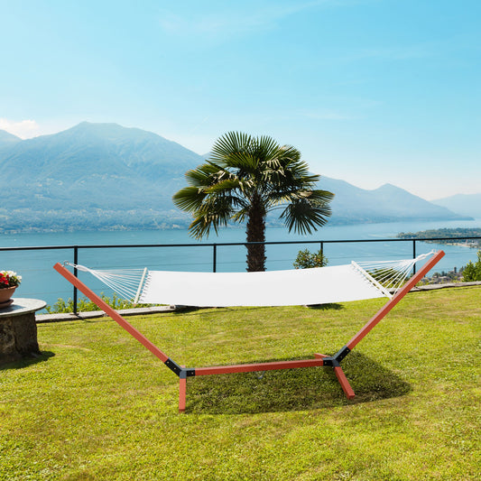 Outsunny 130"x47" Hammock with Stand Camping Bed Freestanding Lounge Chair with Wooden Frame Cotton Fabric, White, Teak | Aosom Canada
