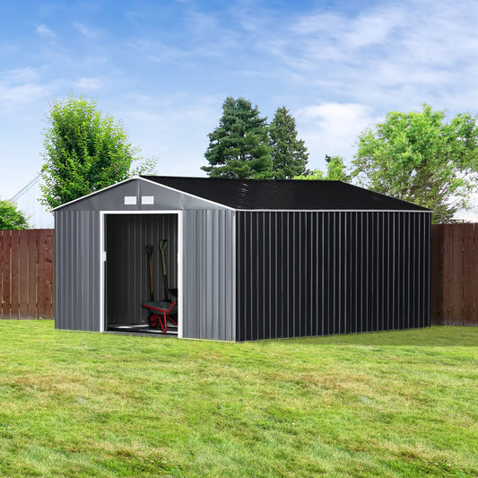Outsunny 11' x 13' Practical Backyard Garden Storage Tool Shed Double Sliding Door 4 Ventilation Slots, Grey | Aosom Canada