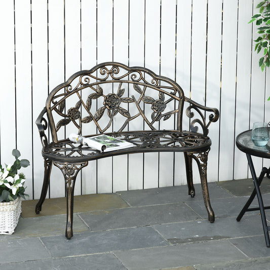 Outsunny 40" Cast Aluminum Antique Rose Style Outdoor Patio Garden Park Bench Accented Lawn for 2 Person Seat Bronze | Aosom Canada