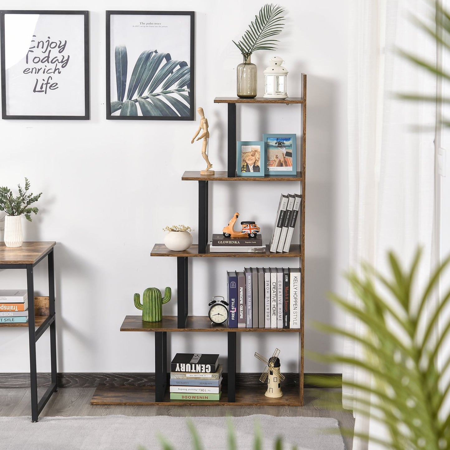 HOMCOM Industrial Style Bookcase 5-Tier Wooden Ladder Bookshelf Display Stand Organizer - Rustic Brown | Aosom Canada
