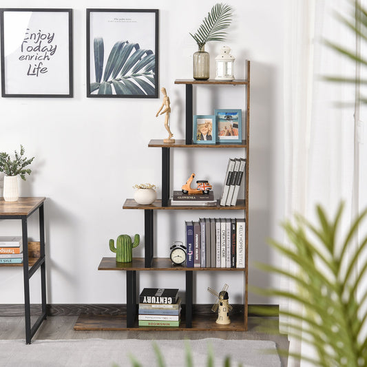 HOMCOM Industrial Style Bookcase 5-Tier Wooden Ladder Bookshelf Display Stand Organizer - Rustic Brown | Aosom Canada