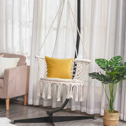 Outsunny Hanging Hammock Chair Cotton Rope Porch Swing with Metal Frame and Cushion Large Macrame Seat for Patio Garden Cream White | Aosom Canada