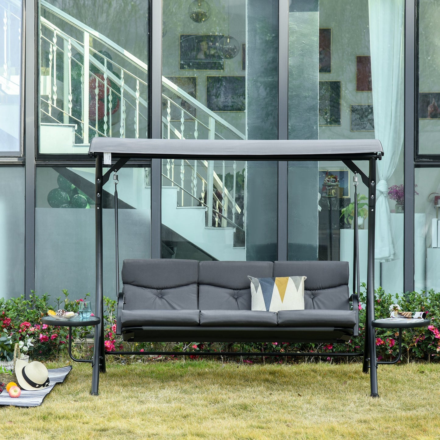 Outsunny 3 Seat Swing Chair Steel Swing Bench Chair With Adjustable Canopy & Coffee Tables & Cushion for Patio Garden | Aosom Canada