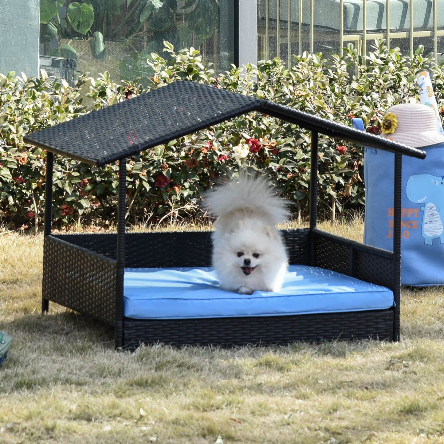 Outsunny PawHut Wicker Dog House Raised Rattan Dog Cat Bed for Indoor Outdoor Pet Sofa with Cushion Medium Sized Animal Lounge Blue | Aosom Canada