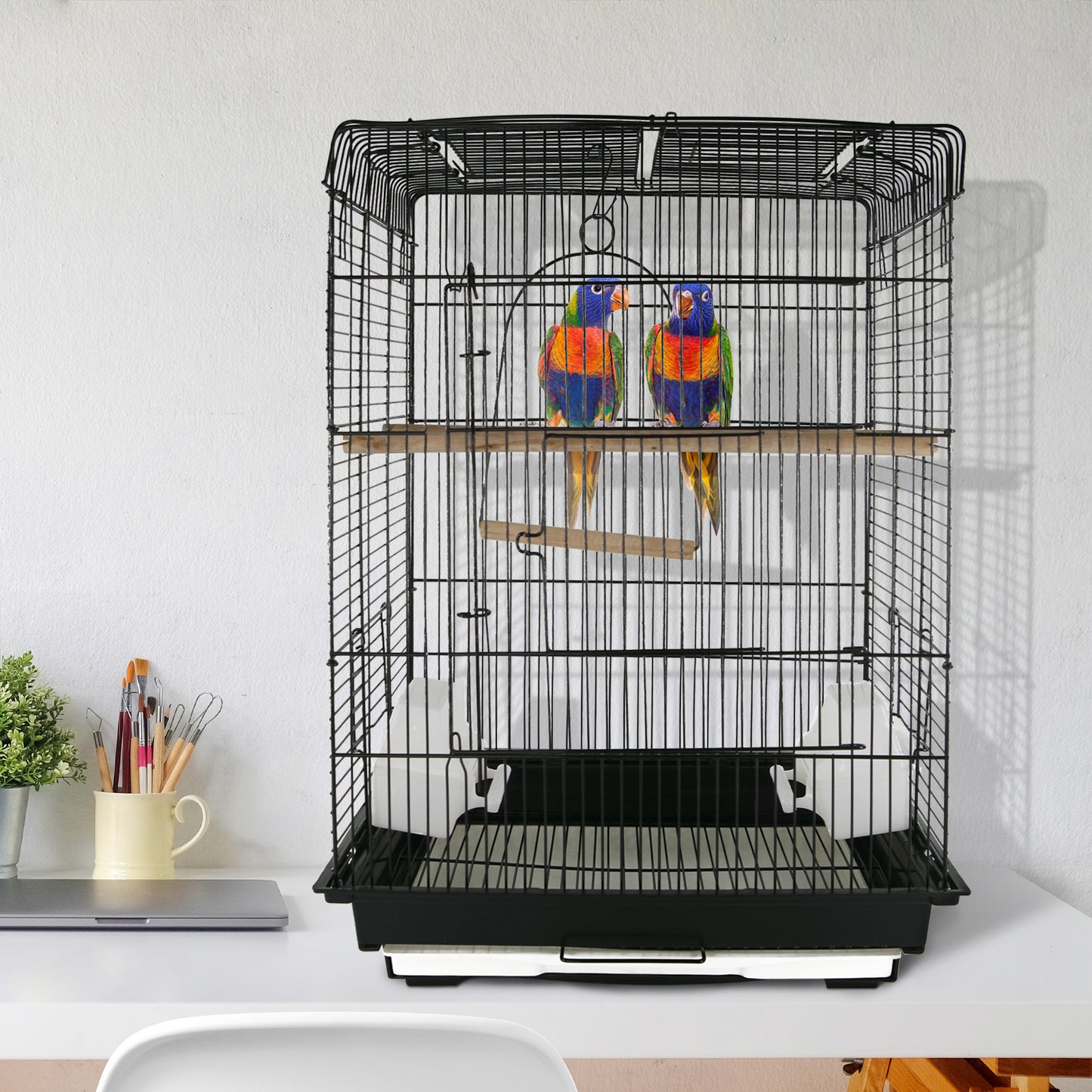 PawHut 22" Bird Cage Flight Parrot House Cockatiels Playpen with Open Play Top and Feeding Bowl Perch Pet Furniture Black | Aosom Canada