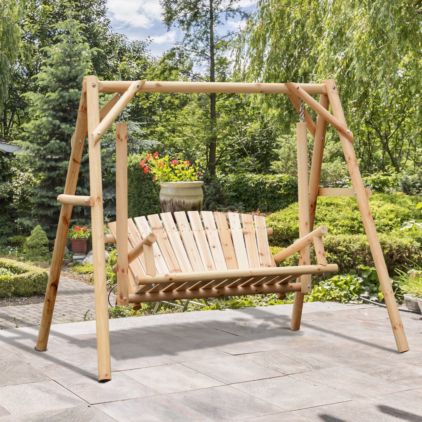 Outsunny 6.5’ Outdoor Rustic Loveseat 2 Person Freestanding Solid Wood Natural Log Garden Swing | Aosom Canada