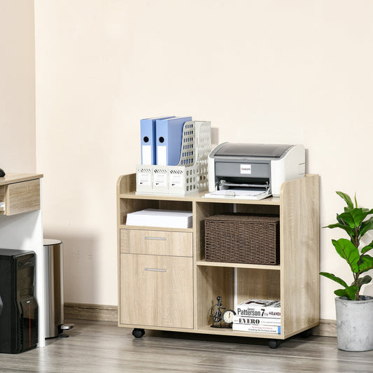 Vinsetto Multipurpose Filing Cabinet Printer Stand Mobile Printer Cabinet with 2 Drawers, Open Adjustable Storage Shelves Oak | Aosom Canada