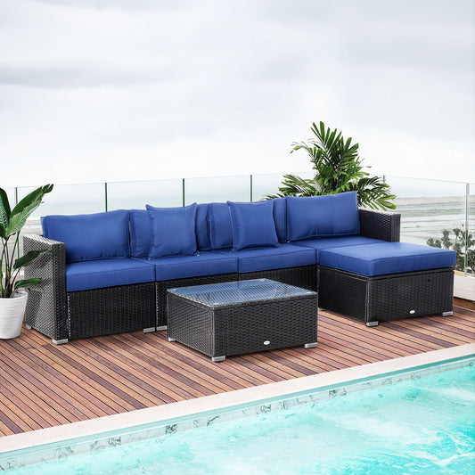 Outsunny 6Pcs Outdoor Rattan Wicker Sofa Patio Sectional Furniture Set w/ Coffee Table Cushioned Seat  Black and Blue | Aosom Canada