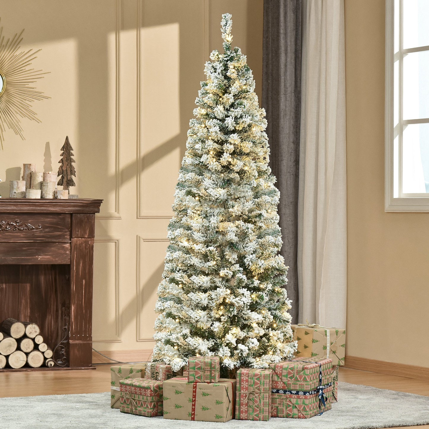 HOMCOM 6 Feet Prelit Artificial Snow Flocked Christmas Tree with Warm White LED Light, Holiday Home Xmas Decoration, Green White | Aosom Canada